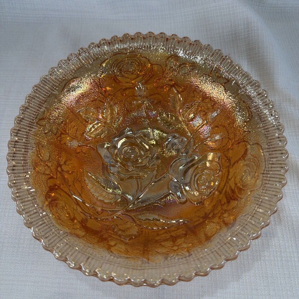 Vintage Imperial Glass Lustre Rose Marigold Carnival Glass Bowl 7.5" Collar Base